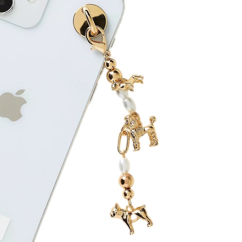 NWT Anthropologie Dog Party Phone Charm Gold Pearls Poodle Bulldog Dachshund